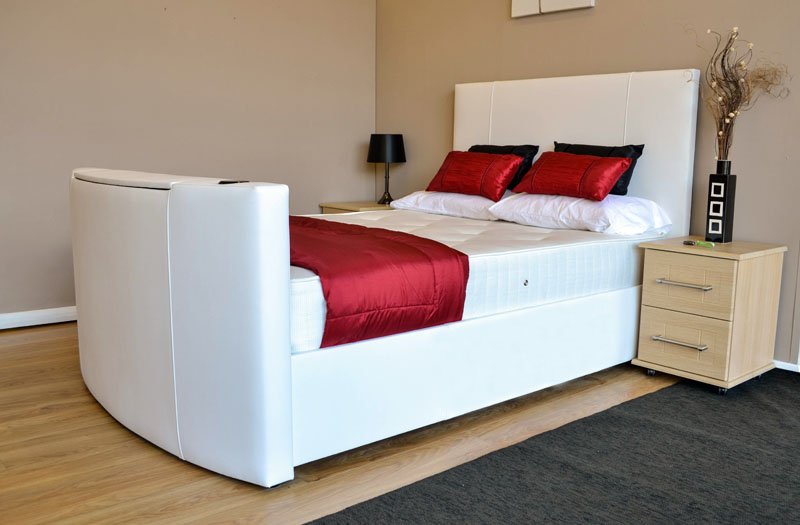 White leather tv bed store king size